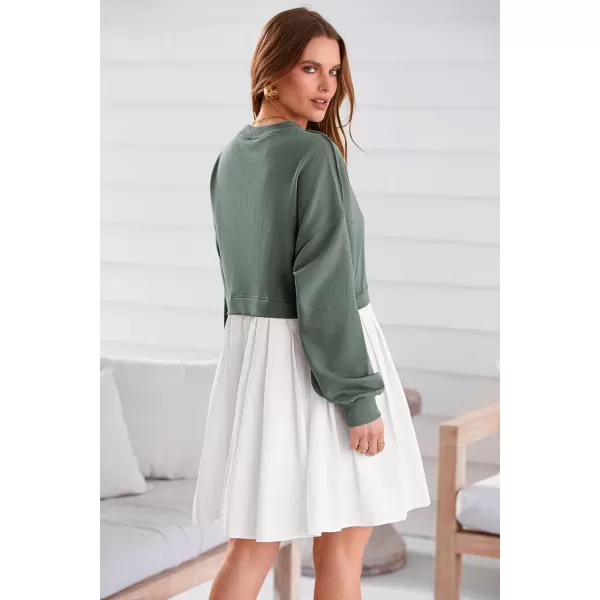 imagePRETTYGARDEN Womens Casual Sweatshirt Dress Long Sleeve Patchwork Pullover Tops Pleated Mini DressesGreen