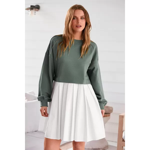 imagePRETTYGARDEN Womens Casual Sweatshirt Dress Long Sleeve Patchwork Pullover Tops Pleated Mini DressesGreen