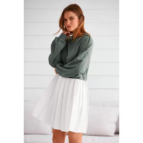 imagePRETTYGARDEN Womens Casual Sweatshirt Dress Long Sleeve Patchwork Pullover Tops Pleated Mini DressesGreen