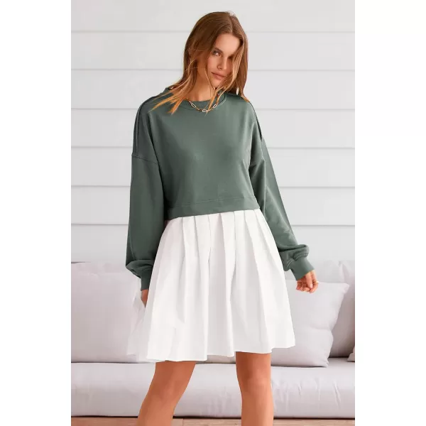 imagePRETTYGARDEN Womens Casual Sweatshirt Dress Long Sleeve Patchwork Pullover Tops Pleated Mini DressesGreen