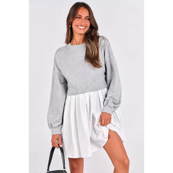imagePRETTYGARDEN Womens Casual Sweatshirt Dress Long Sleeve Patchwork Pullover Tops Pleated Mini DressesGrey