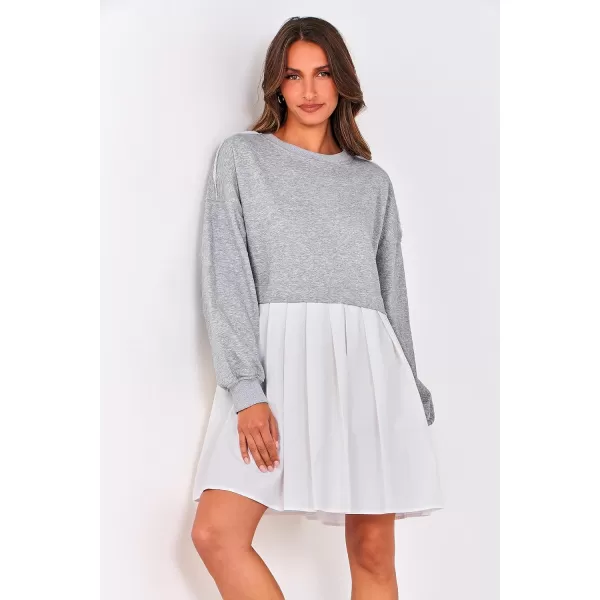 imagePRETTYGARDEN Womens Casual Sweatshirt Dress Long Sleeve Patchwork Pullover Tops Pleated Mini DressesGrey