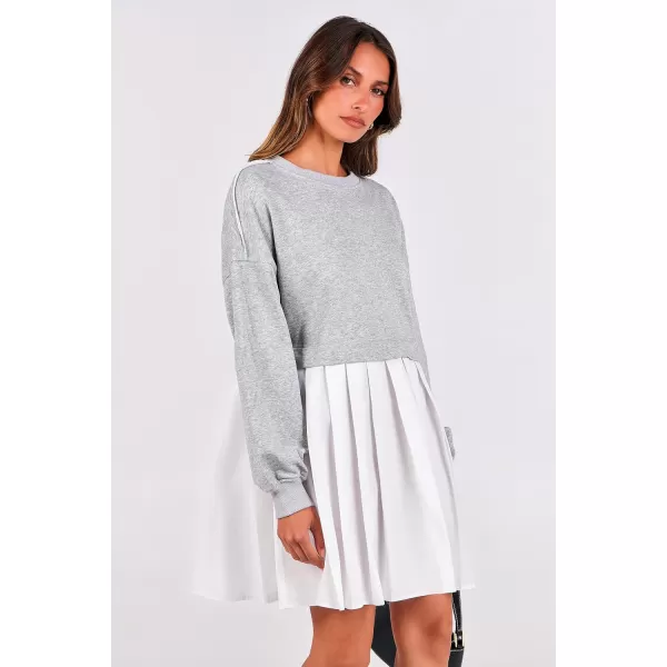 imagePRETTYGARDEN Womens Casual Sweatshirt Dress Long Sleeve Patchwork Pullover Tops Pleated Mini DressesGrey