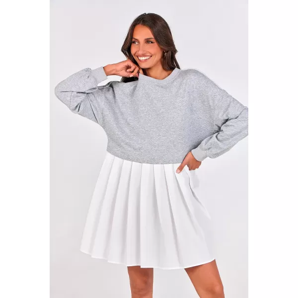 imagePRETTYGARDEN Womens Casual Sweatshirt Dress Long Sleeve Patchwork Pullover Tops Pleated Mini DressesGrey