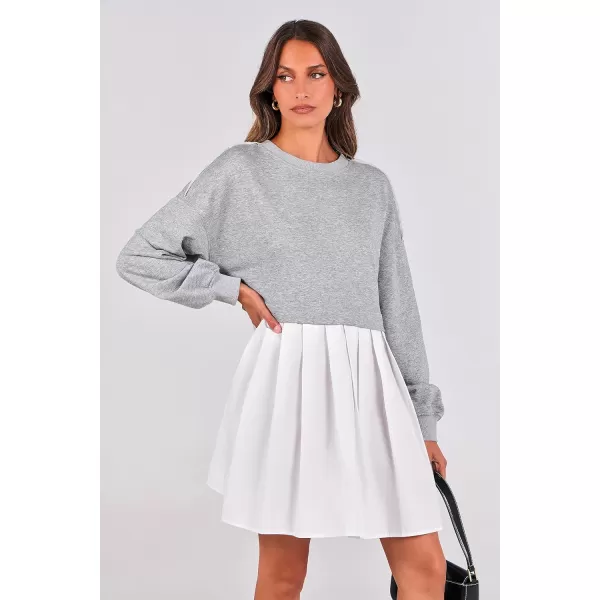 imagePRETTYGARDEN Womens Casual Sweatshirt Dress Long Sleeve Patchwork Pullover Tops Pleated Mini DressesGrey