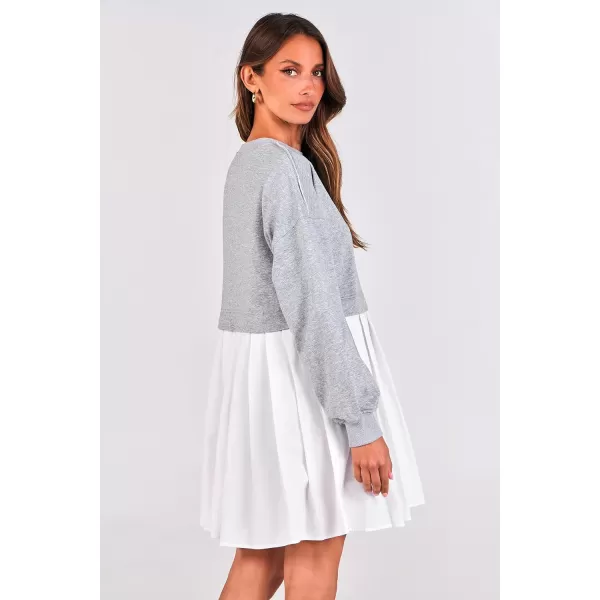 imagePRETTYGARDEN Womens Casual Sweatshirt Dress Long Sleeve Patchwork Pullover Tops Pleated Mini DressesGrey