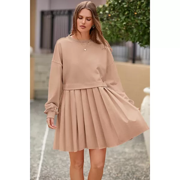 imagePRETTYGARDEN Womens Casual Sweatshirt Dress Long Sleeve Patchwork Pullover Tops Pleated Mini DressesNude Pink