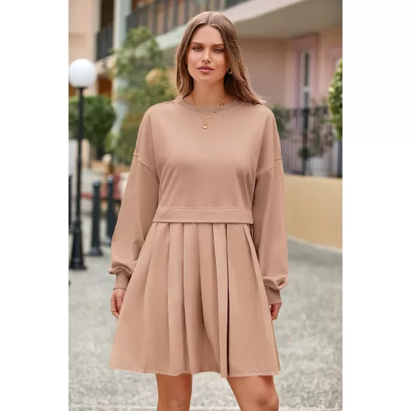 imagePRETTYGARDEN Womens Casual Sweatshirt Dress Long Sleeve Patchwork Pullover Tops Pleated Mini DressesNude Pink