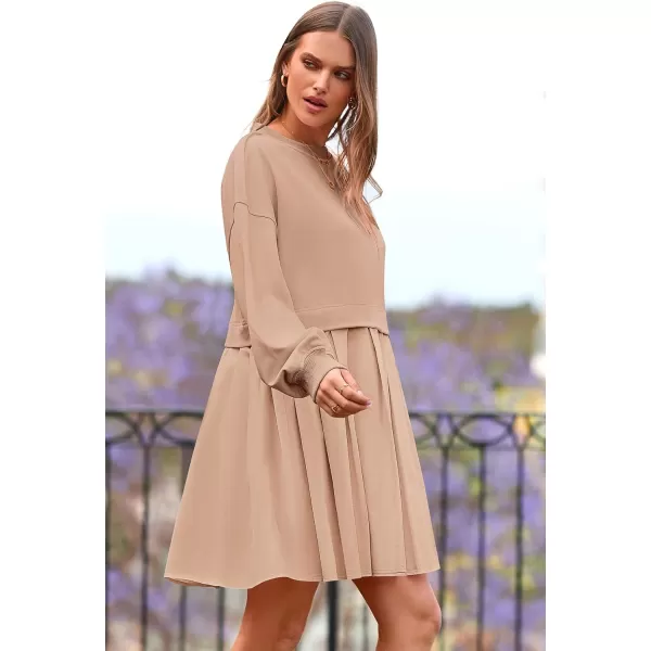 imagePRETTYGARDEN Womens Casual Sweatshirt Dress Long Sleeve Patchwork Pullover Tops Pleated Mini DressesNude Pink