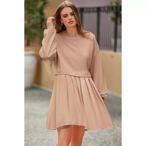 imagePRETTYGARDEN Womens Casual Sweatshirt Dress Long Sleeve Patchwork Pullover Tops Pleated Mini DressesNude Pink