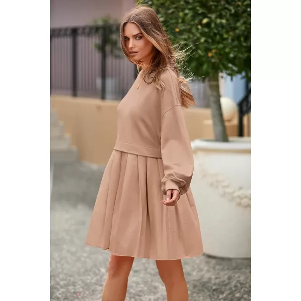 imagePRETTYGARDEN Womens Casual Sweatshirt Dress Long Sleeve Patchwork Pullover Tops Pleated Mini DressesNude Pink