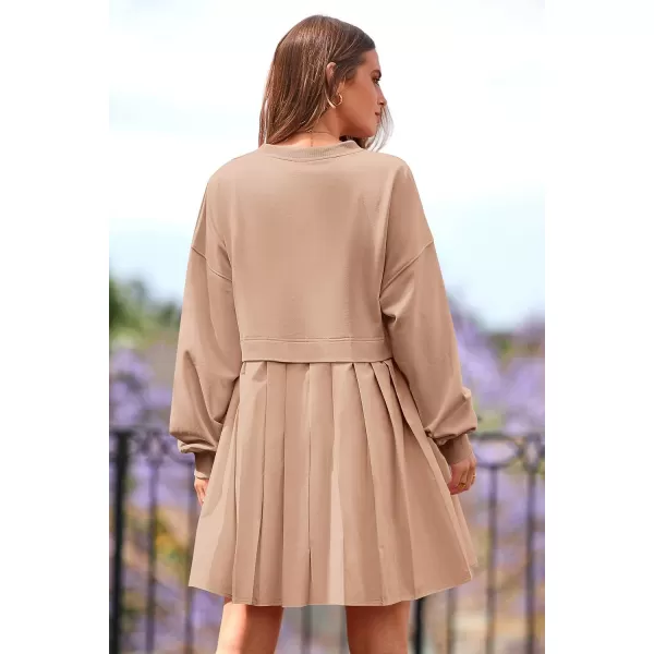 imagePRETTYGARDEN Womens Casual Sweatshirt Dress Long Sleeve Patchwork Pullover Tops Pleated Mini DressesNude Pink