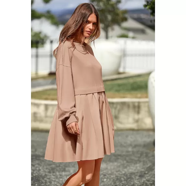 imagePRETTYGARDEN Womens Casual Sweatshirt Dress Long Sleeve Patchwork Pullover Tops Pleated Mini DressesNude Pink