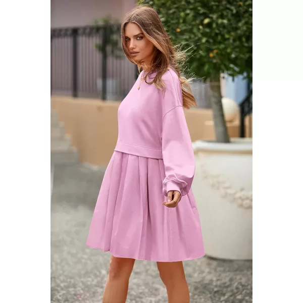 imagePRETTYGARDEN Womens Casual Sweatshirt Dress Long Sleeve Patchwork Pullover Tops Pleated Mini DressesPink