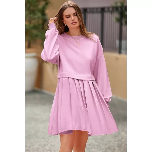 imagePRETTYGARDEN Womens Casual Sweatshirt Dress Long Sleeve Patchwork Pullover Tops Pleated Mini DressesPink
