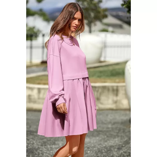 imagePRETTYGARDEN Womens Casual Sweatshirt Dress Long Sleeve Patchwork Pullover Tops Pleated Mini DressesPink