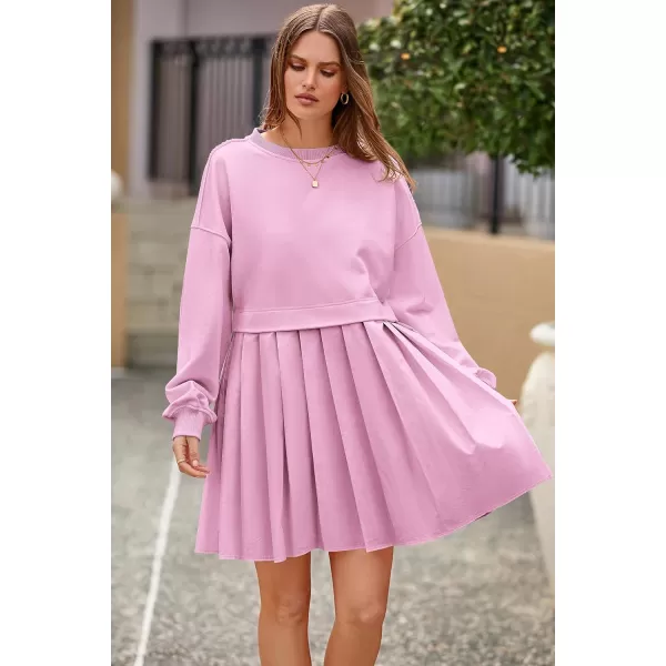 imagePRETTYGARDEN Womens Casual Sweatshirt Dress Long Sleeve Patchwork Pullover Tops Pleated Mini DressesPink