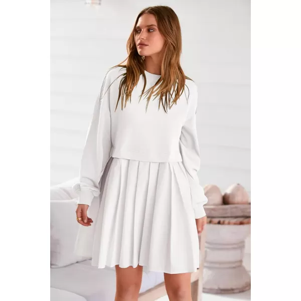 imagePRETTYGARDEN Womens Casual Sweatshirt Dress Long Sleeve Patchwork Pullover Tops Pleated Mini DressesWhite