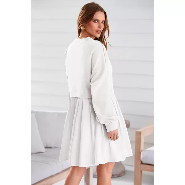 imagePRETTYGARDEN Womens Casual Sweatshirt Dress Long Sleeve Patchwork Pullover Tops Pleated Mini DressesWhite