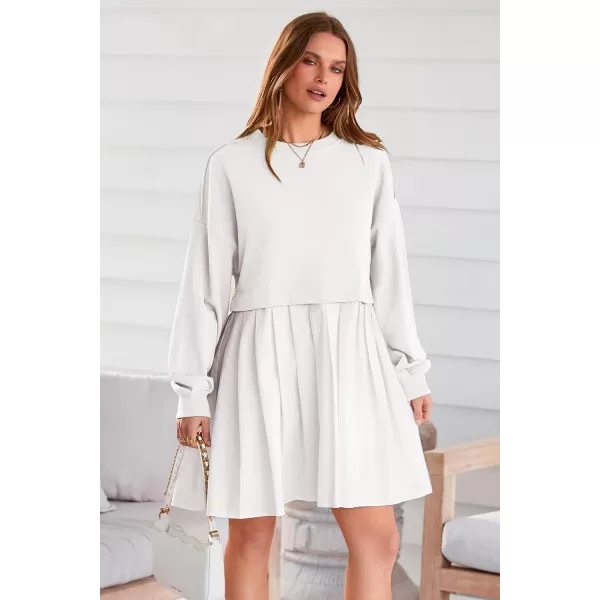 imagePRETTYGARDEN Womens Casual Sweatshirt Dress Long Sleeve Patchwork Pullover Tops Pleated Mini DressesWhite