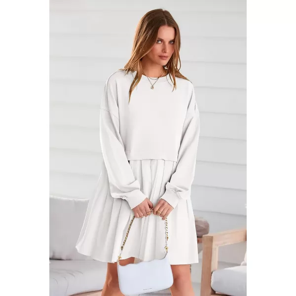 imagePRETTYGARDEN Womens Casual Sweatshirt Dress Long Sleeve Patchwork Pullover Tops Pleated Mini DressesWhite