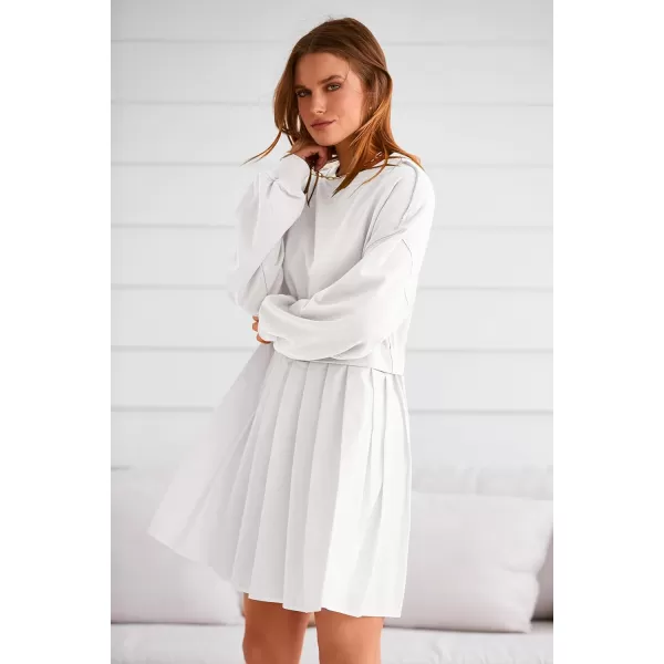 imagePRETTYGARDEN Womens Casual Sweatshirt Dress Long Sleeve Patchwork Pullover Tops Pleated Mini DressesWhite