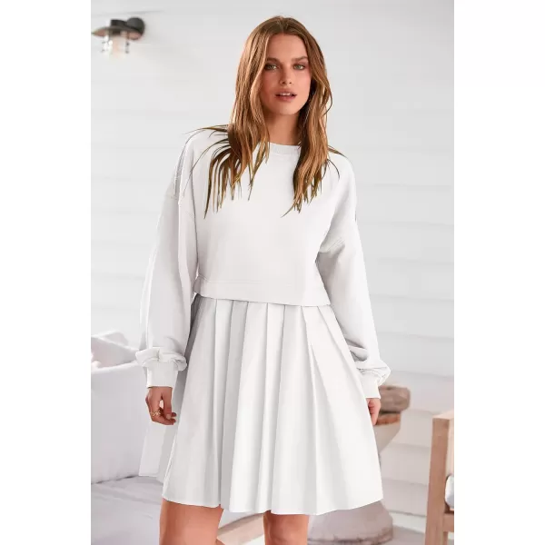 imagePRETTYGARDEN Womens Casual Sweatshirt Dress Long Sleeve Patchwork Pullover Tops Pleated Mini DressesWhite