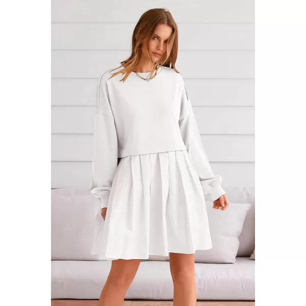 imagePRETTYGARDEN Womens Casual Sweatshirt Dress Long Sleeve Patchwork Pullover Tops Pleated Mini DressesWhite