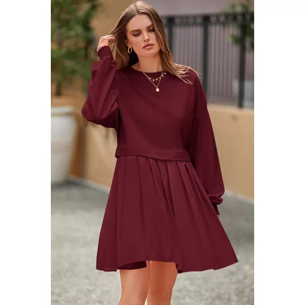 imagePRETTYGARDEN Womens Casual Sweatshirt Dress Long Sleeve Patchwork Pullover Tops Pleated Mini DressesWine Red