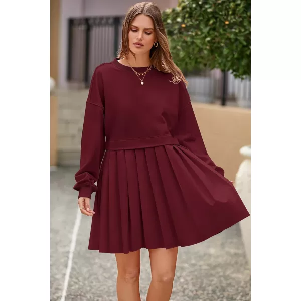 imagePRETTYGARDEN Womens Casual Sweatshirt Dress Long Sleeve Patchwork Pullover Tops Pleated Mini DressesWine Red