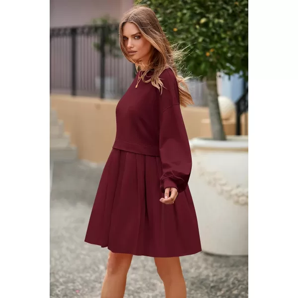 imagePRETTYGARDEN Womens Casual Sweatshirt Dress Long Sleeve Patchwork Pullover Tops Pleated Mini DressesWine Red