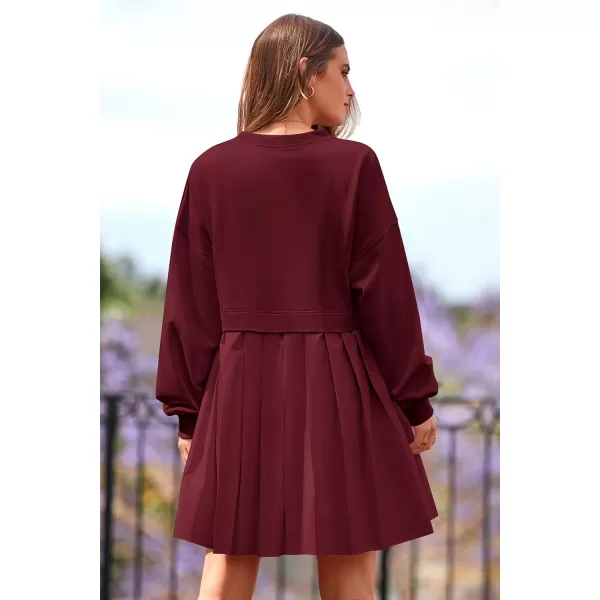 imagePRETTYGARDEN Womens Casual Sweatshirt Dress Long Sleeve Patchwork Pullover Tops Pleated Mini DressesWine Red