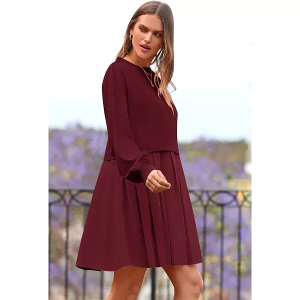 imagePRETTYGARDEN Womens Casual Sweatshirt Dress Long Sleeve Patchwork Pullover Tops Pleated Mini DressesWine Red