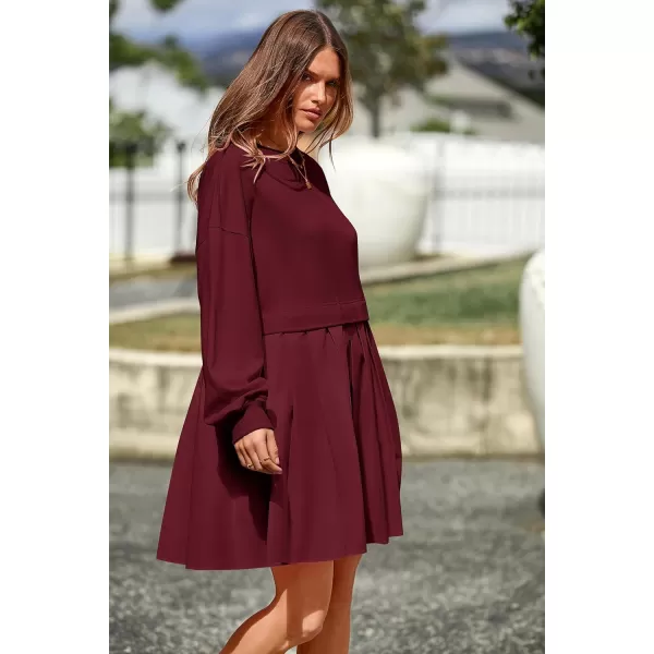 imagePRETTYGARDEN Womens Casual Sweatshirt Dress Long Sleeve Patchwork Pullover Tops Pleated Mini DressesWine Red