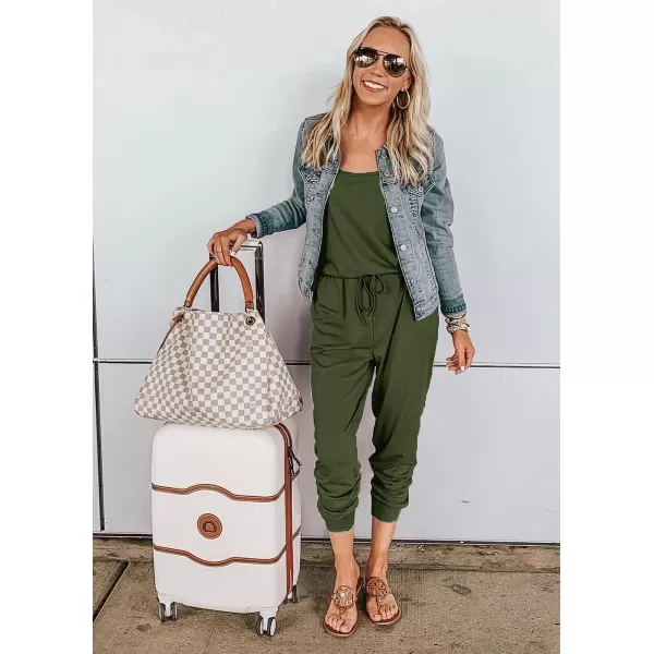 imagePRETTYGARDEN Womens Casual Tank Jumpsuits Sleeveless Drawstring Elastic Waist Loose Summer RomperArmy Green