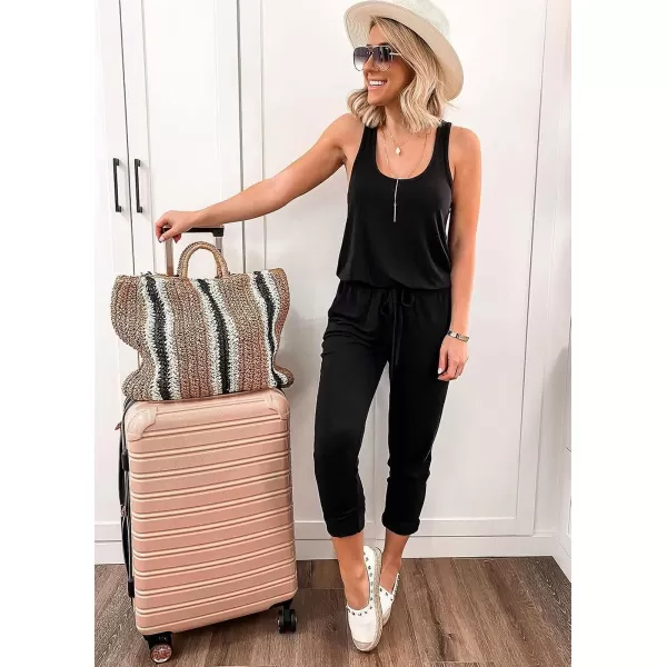 imagePRETTYGARDEN Womens Casual Tank Jumpsuits Sleeveless Drawstring Elastic Waist Loose Summer RomperBlack