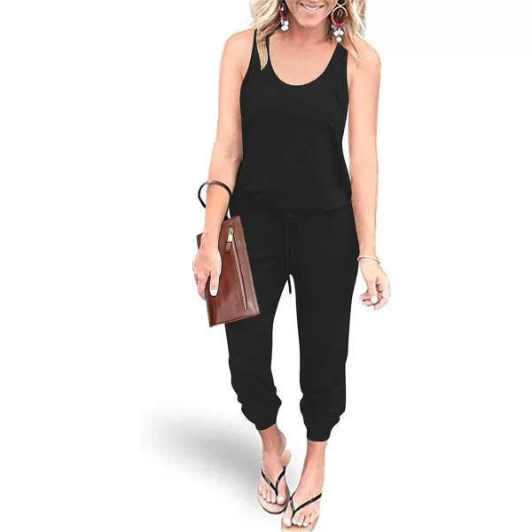 imagePRETTYGARDEN Womens Casual Tank Jumpsuits Sleeveless Drawstring Elastic Waist Loose Summer RomperBlack
