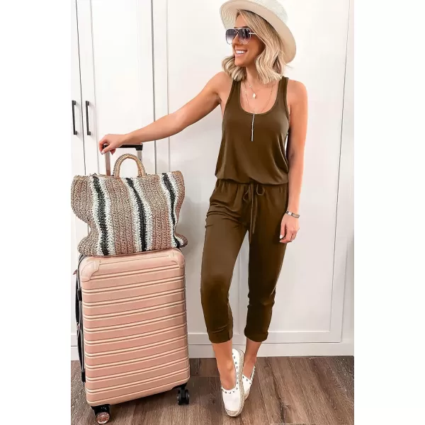 imagePRETTYGARDEN Womens Casual Tank Jumpsuits Sleeveless Drawstring Elastic Waist Loose Summer RomperCoffee