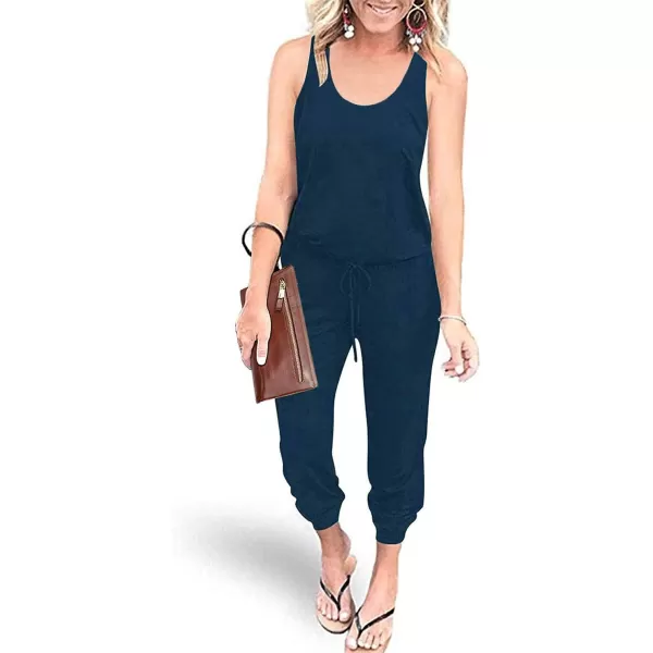 imagePRETTYGARDEN Womens Casual Tank Jumpsuits Sleeveless Drawstring Elastic Waist Loose Summer RomperDark Blue