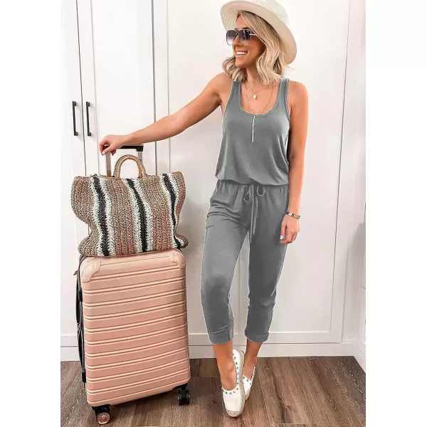 imagePRETTYGARDEN Womens Casual Tank Jumpsuits Sleeveless Drawstring Elastic Waist Loose Summer RomperLight Grey