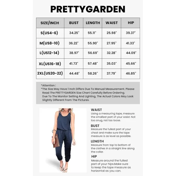 imagePRETTYGARDEN Womens Casual Tank Jumpsuits Sleeveless Drawstring Elastic Waist Loose Summer RomperNavy Blue