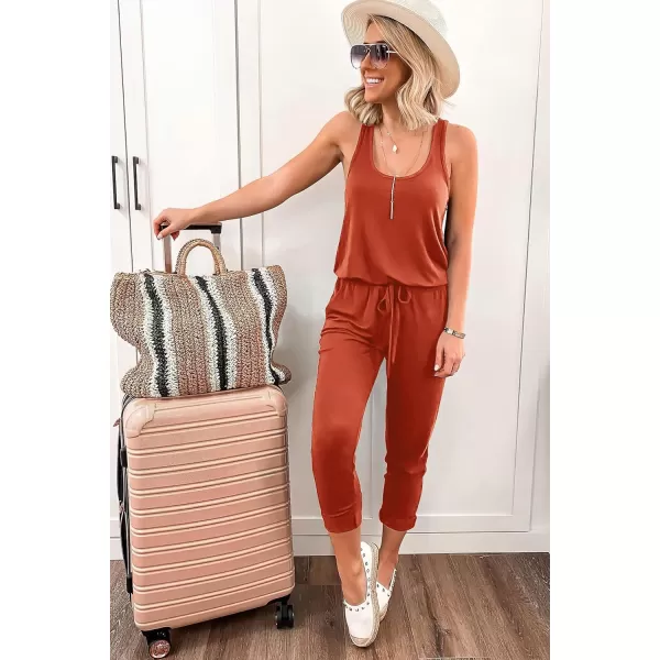 imagePRETTYGARDEN Womens Casual Tank Jumpsuits Sleeveless Drawstring Elastic Waist Loose Summer RomperOrange Red