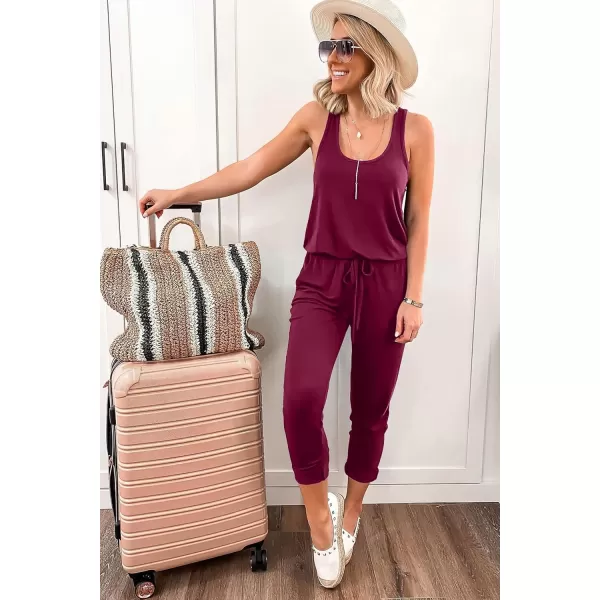 imagePRETTYGARDEN Womens Casual Tank Jumpsuits Sleeveless Drawstring Elastic Waist Loose Summer RomperPurple Red