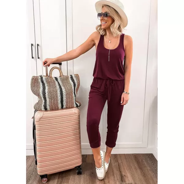 imagePRETTYGARDEN Womens Casual Tank Jumpsuits Sleeveless Drawstring Elastic Waist Loose Summer RomperRed