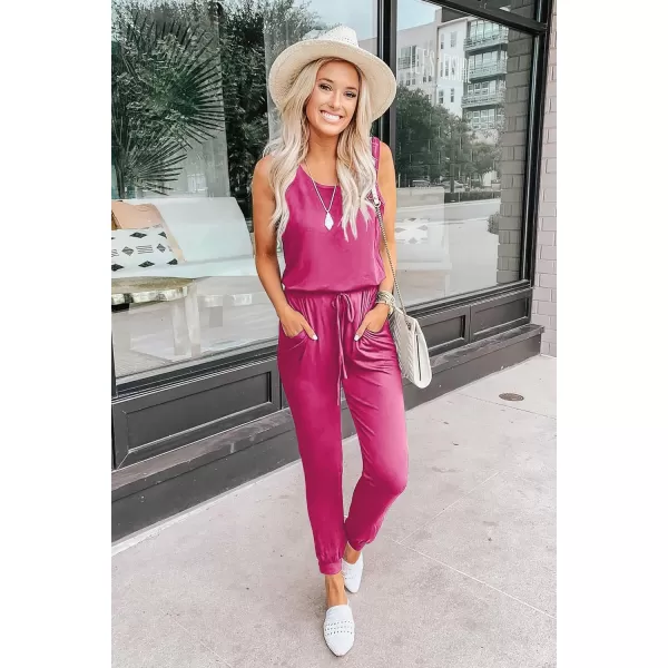 imagePRETTYGARDEN Womens Casual Tank Jumpsuits Sleeveless Drawstring Elastic Waist Loose Summer RomperRose Red