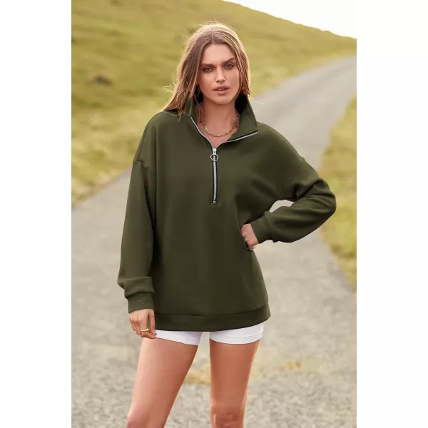 imagePRETTYGARDEN Womens Causal 14 Zip Pullover Long Sleeve Collar Sweatshirts Solid Activewear Running JacketArmy Green
