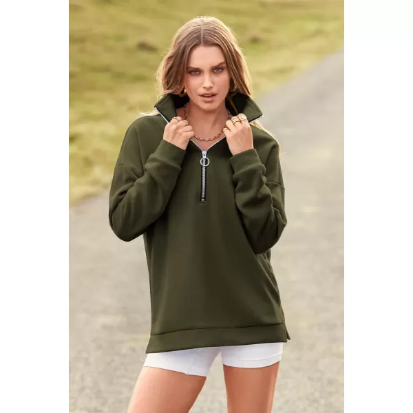 imagePRETTYGARDEN Womens Causal 14 Zip Pullover Long Sleeve Collar Sweatshirts Solid Activewear Running JacketArmy Green