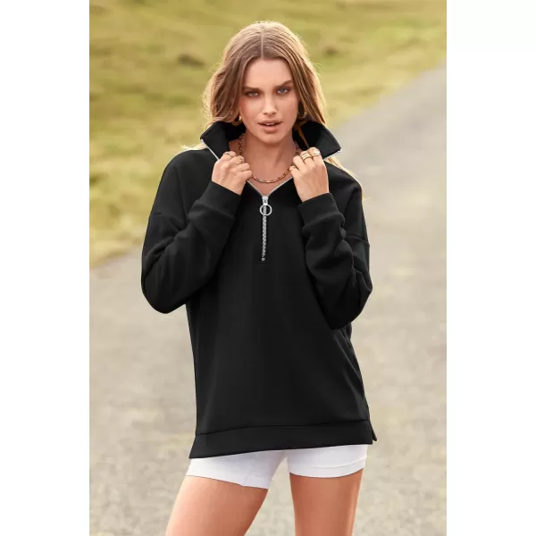 imagePRETTYGARDEN Womens Causal 14 Zip Pullover Long Sleeve Collar Sweatshirts Solid Activewear Running JacketBlack