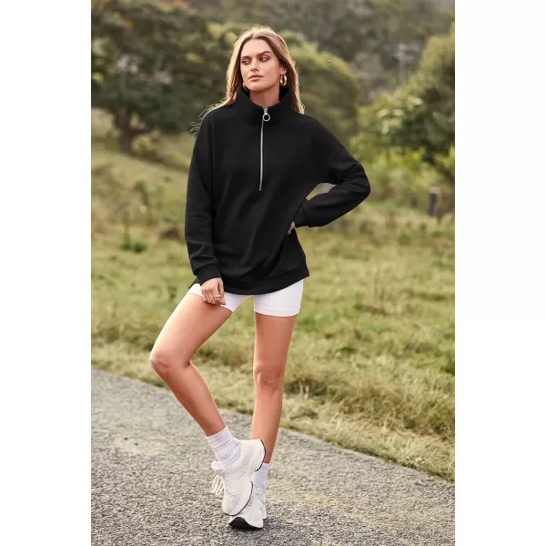 imagePRETTYGARDEN Womens Causal 14 Zip Pullover Long Sleeve Collar Sweatshirts Solid Activewear Running JacketBlack
