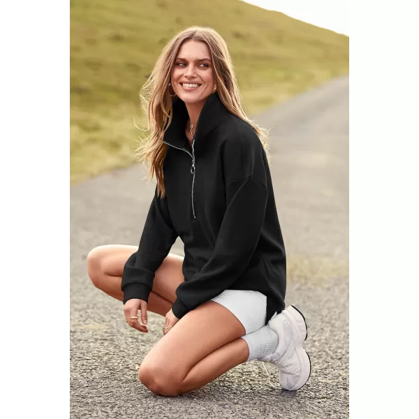 imagePRETTYGARDEN Womens Causal 14 Zip Pullover Long Sleeve Collar Sweatshirts Solid Activewear Running JacketBlack